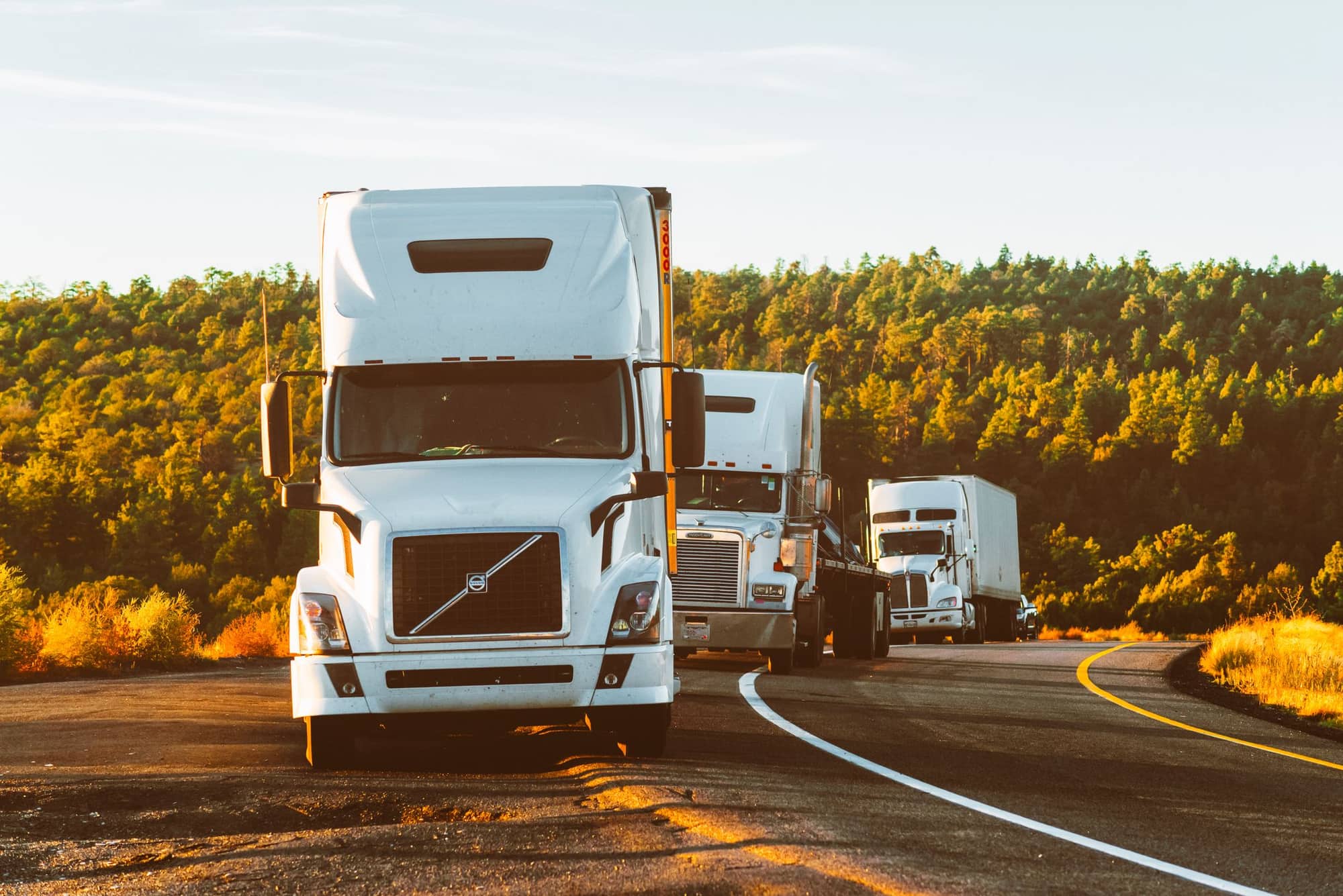 POAK Global Transports freight trucks on the highway at golden hour